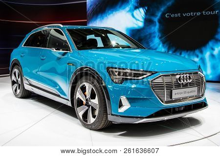 Paris - Oct 3, 2018: Audi E-tron First All-electric Suv Car Presented At The Paris Motor Show.