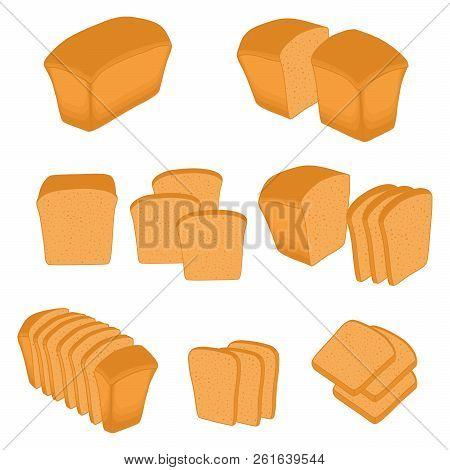 Vector Illustration Of Set Of Baked Bread, Dark Rye Brick, Soft Baguette For Bakery. Bread Consistin