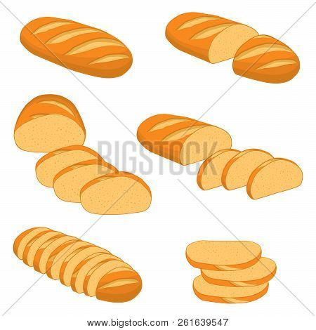 Vector Illustration Of Set Of Baked Bread, Dark Rye Brick, Soft Baguette For Bakery. Bread Consistin