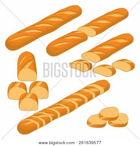 Vector Illustration Of Set Of Baked Bread, Dark Rye Brick, Soft Baguette For Bakery. Bread Consistin