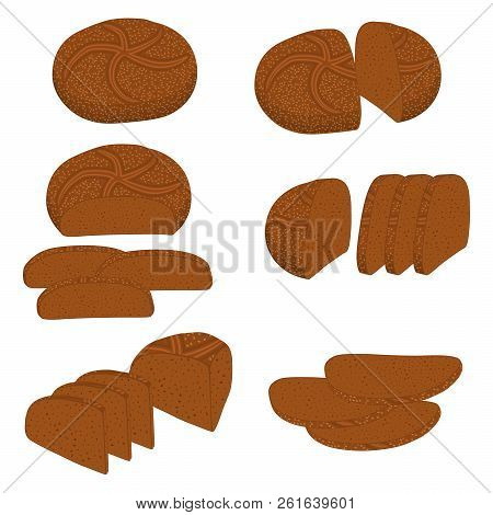Vector Illustration Of Set Of Baked Bread, Dark Rye Brick, Soft Baguette For Bakery. Bread Consistin