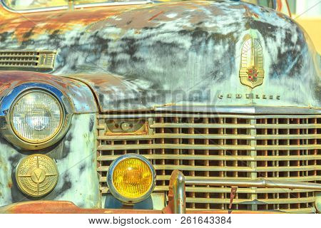 Barstow, California, Usa - August 15, 2018: Closeup Of Vintage Old Cadillac At Historic Route 66 Mot