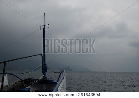 Ship Goes On Baikal In Cloudy Weather