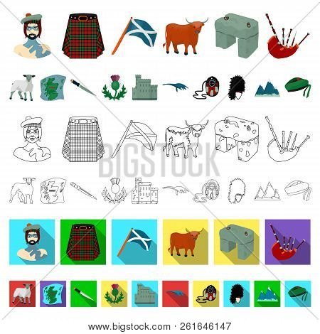 Country Scotland Cartoon Icons In Set Collection For Design. Sightseeing, Culture And Tradition Vect