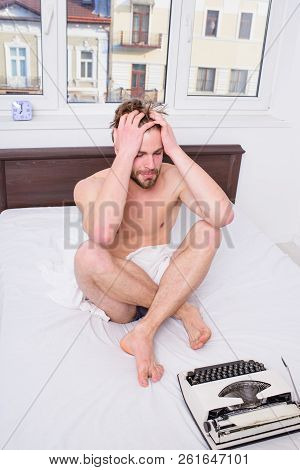 Creativity Crisis. Writer Tired Desperate Author Used Old Typewriter. Man Writer Sit Bedclothes Work