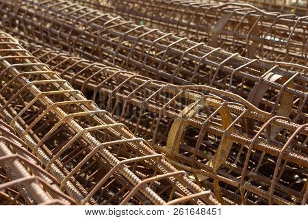 Reinforcing Steel Bar Background, Rebar For Concrete Construction Work. Metal Armature. Reinforcing 