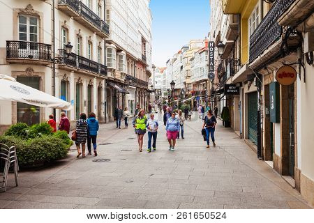 A Coruna, Spain - September 24, 2017: Tourists At The Pedestrian Street In The Centre Of A Coruna In