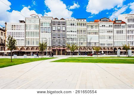 A Coruna, Spain - September 24, 2017: Traditional Galician Houses At The Embankment In The Centre Of