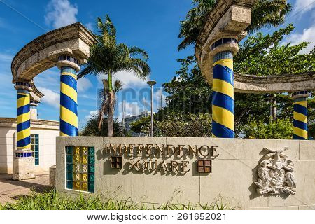Bridgetown, Barbados - December 18, 2016: The Columns Are Wrapped In The Colors Of The National Flag