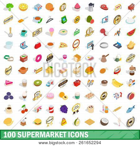 100 Supermarket Icons Set In Isometric 3d Style For Any Design Illustration