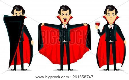 Happy Halloween. Vampire Cartoon Character Wearing Black And Red Cape. Set Of Three Poses, Hiding Be