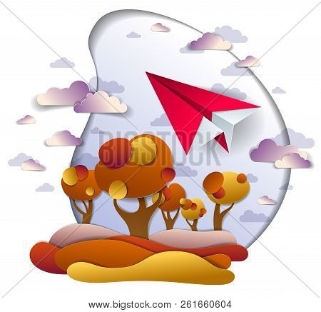 Origami Paper Plane Toy Flying In The Autumn Sky Over Red And Yellow Meadows And Trees, Perfect Vect