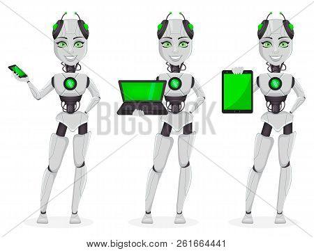 Robot With Artificial Intelligence, Female Bot, Set Of Three Poses. Cute Cartoon Character Holding S