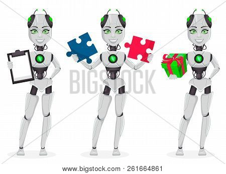 Robot With Artificial Intelligence, Female Bot, Set Of Three Poses. Cute Cartoon Character Holding C