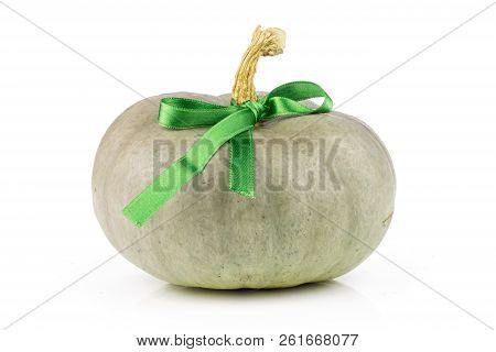 One Whole Fresh Blue Grey Pumpkin Nagy Dobosi Variety Tied By Green Ribbon Isolated On White Backgro