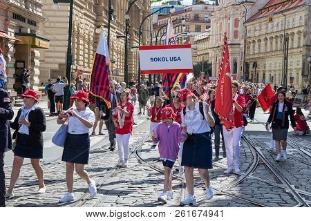 Prague, Czech Republic - July 1, 2018: American Visitors Parading At Sokolsky Slet, A Once-every-six