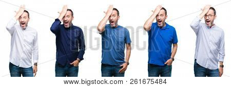 Collage of handsome senior hoary elegant business man standing over isolated background surprised with hand on head for mistake, remember error. Forgot, bad memory concept.