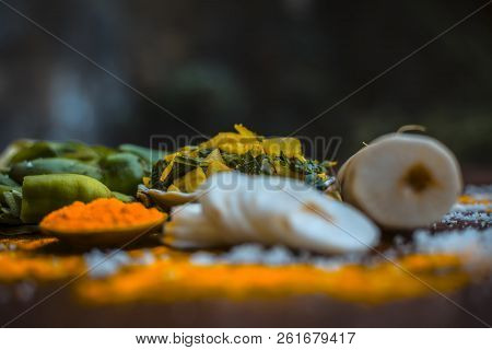 Close Up Of Popular Indian & Asian White Radish Salad Or Muli Ka Smabara On Wooden Surface With Whit
