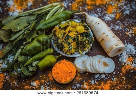 Close Up Of Popular Indian & Asian White Radish Salad Or Muli Ka Smabara On Wooden Surface With Whit