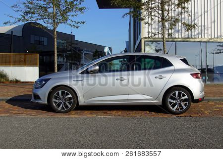 Almere, Netherlands - October 5, 2018: Grey Renault Megane 4 Parked By The Side Of The Road. Nobody 