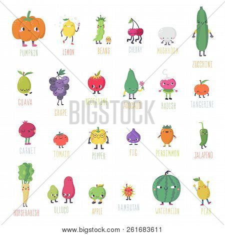 Cute Cartoon Live Fruits And Vegetables Vector Set. Funny Characters In Nice Colors. Part One.