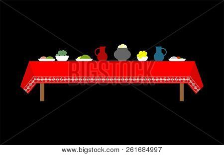Russian Table With Food. Traditional Russia Meal. National Folk Cuisine