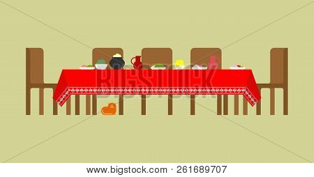 Russian Table With Food. Traditional Russia Meal. National Folk Cuisine