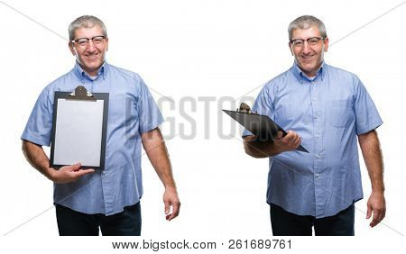 Collage of senior hoary business man holding clipboard over white isolated backgroud with a happy face standing and smiling with a confident smile showing teeth