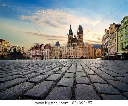 Staromestska Square And Tynsky Temple In Prague At Sunrise