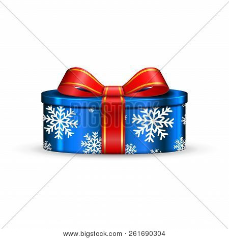Gift Box 3d, Red Ribbon Bow Isolated White Background. Decoration Present Blue Gift-box For Happy Ho