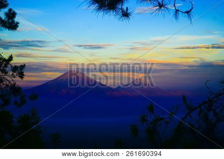 Merbabu Mountain Located In Central Java, Indonesia. This Photo Was Taken At Sunrise