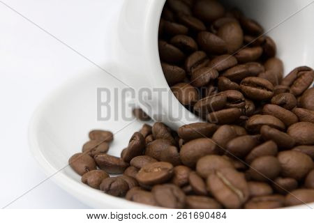 Brown Coffee Beans And Seeds In Ceramic Cup
