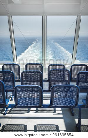 Nanaimo, Bc, Canada - May 27, 2017: Outdoor Seats And Eastward View Of Clear Blue Sky And Strait Of 