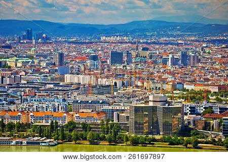 Danube River And Vienna Cityscape View, Capital Of Austria