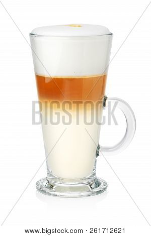 Latte Transparent Glass Or Mug With Coffe And Milk Foam Isolated On White Background