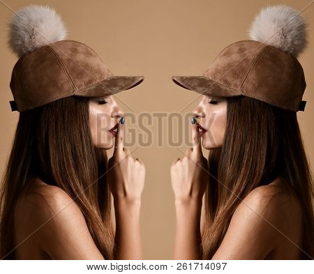 Woman In Winter Hat Cap Double Composition With Quite Tss Sign On Warm Background