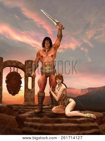 A Barbarian Fantasy Warrior Or Warlord Poses With His Sword And A Slave Girl, 3d Render Painting