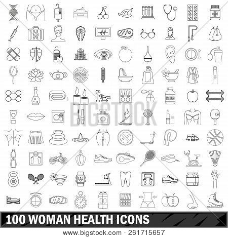 100 Woman Health Icons Set In Outline Style For Any Design Illustration
