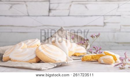 Portuguese Sweets Cavacas On Napkin In A Table. Typical Cookies With Sugar