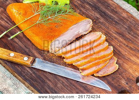 Sliced Basturma Covered With Spices. A Hot Beer Snack.