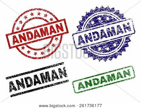 Andaman Seal Imprints With Corroded Surface. Black, Green, Red, Blue Vector Rubber Prints Of Andaman