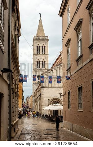 Zadar, Croatia, July 23, 2018:  Bell Tower Of The Zadar Cathedral Of St. Anastasia In Zadar, Croatia