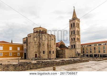 9th Century Church Of St Donatus On The Left And The Bell Tower Of The Zadar Cathedral On The Right 