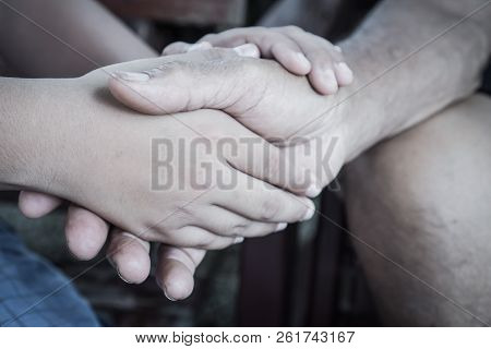 Hands Holding Together Takecare Of Asian Teenage Touching Elderly Or Grandfather Hands Wrinkled Skin