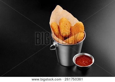 Bbq Fried Chicken Naggets In A Metal Bucket Onblack Background With Sauce Food M