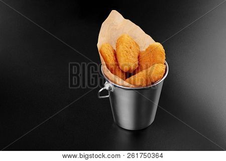 Bbq Fried Chicken Naggets In A Metal Bucket Onblack Background With Sauce Food M