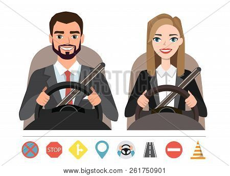Businessman And Businesswoman Driving A Car. Silhouette Of A Woman And A Man Who Sit Behind The Whee