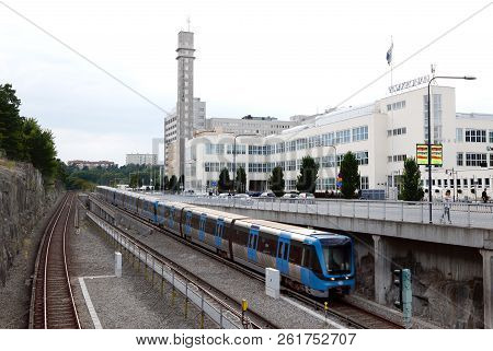 Stockholm, Sweden - August 25, 2015: One C20 Class Subway Train Arriving At The Telefonplan Metro St