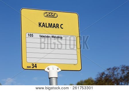 Kalmar, Sweden  - August 22, 2017: Yellow Bus Stop Sign For The Public Transportatin In The Kalmar C