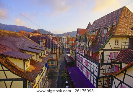 View Of Old French Style Public Building At, Colmar Bukit Tinggi During Sunrise.